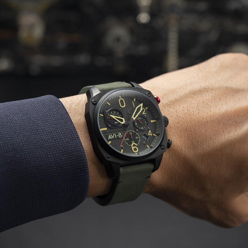 AVI-8 Hawker Hunter AV-4052-08 Retrograde Chronograaf Deep Green Black Horlogewatch.nl