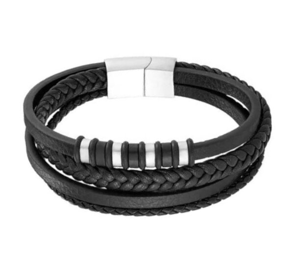 Armband Leer Multilayer Zwart Zilver