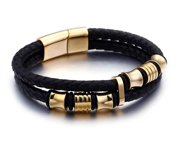Armband Leer Multilayer Gevlochten Zwart Goud